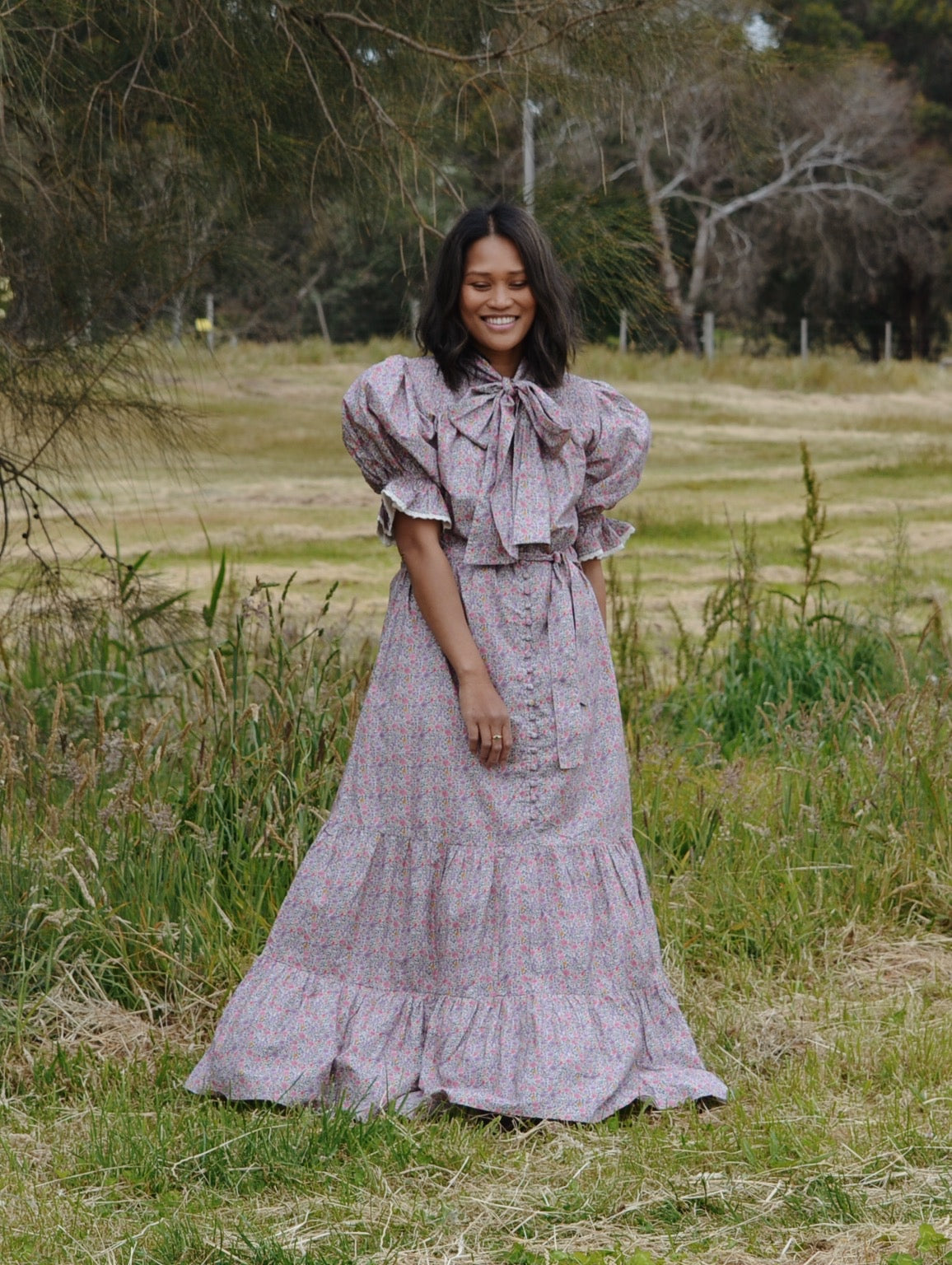 100% RECYCLED COTTON - FLEUR MAXI DRESS PUSSY BOW LILAC FLORAL