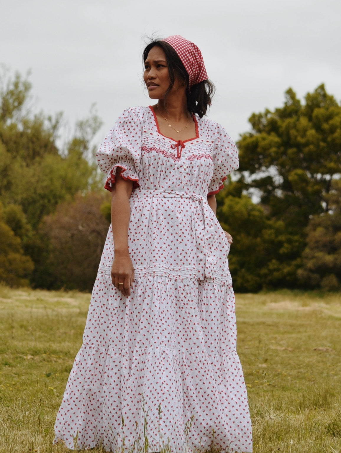 READY TO SHIP - 100% RECYCLED COTTON - MORNING SONG HAND SMOCKED TIERED DRESS - STRAWBERRY EMBROIDERED COTTON