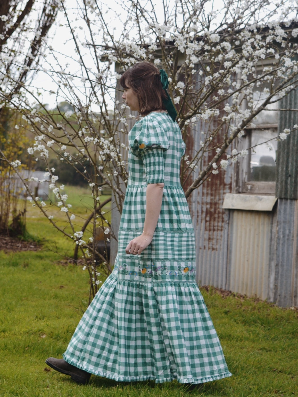 100% RECYCLED COTTON - AUGUSTINE MAXI DRESS GREEN GINGHAM GARDEN