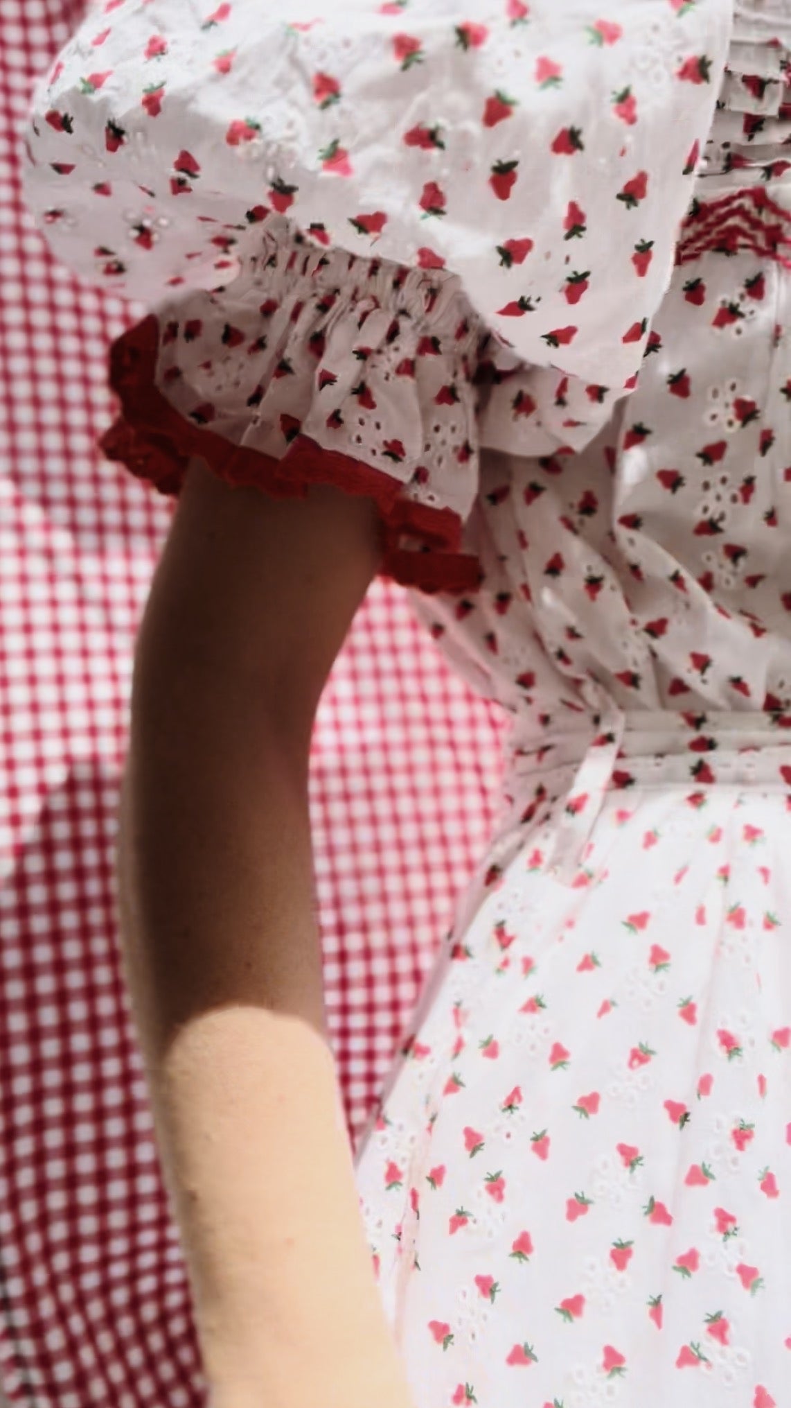 READY TO SHIP - 100% RECYCLED COTTON - MORNING SONG HAND SMOCKED TIERED DRESS - STRAWBERRY EMBROIDERED COTTON