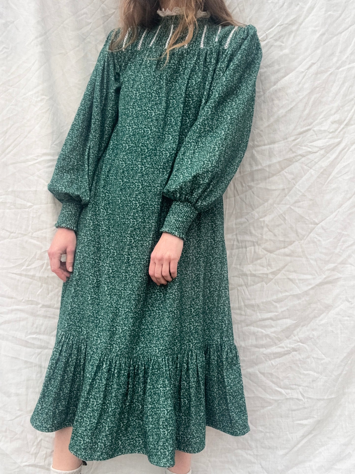 100% RECYCLED COTTON CORDUROY - CLOTHILDE DRESS FOREST GREEN MIDI
