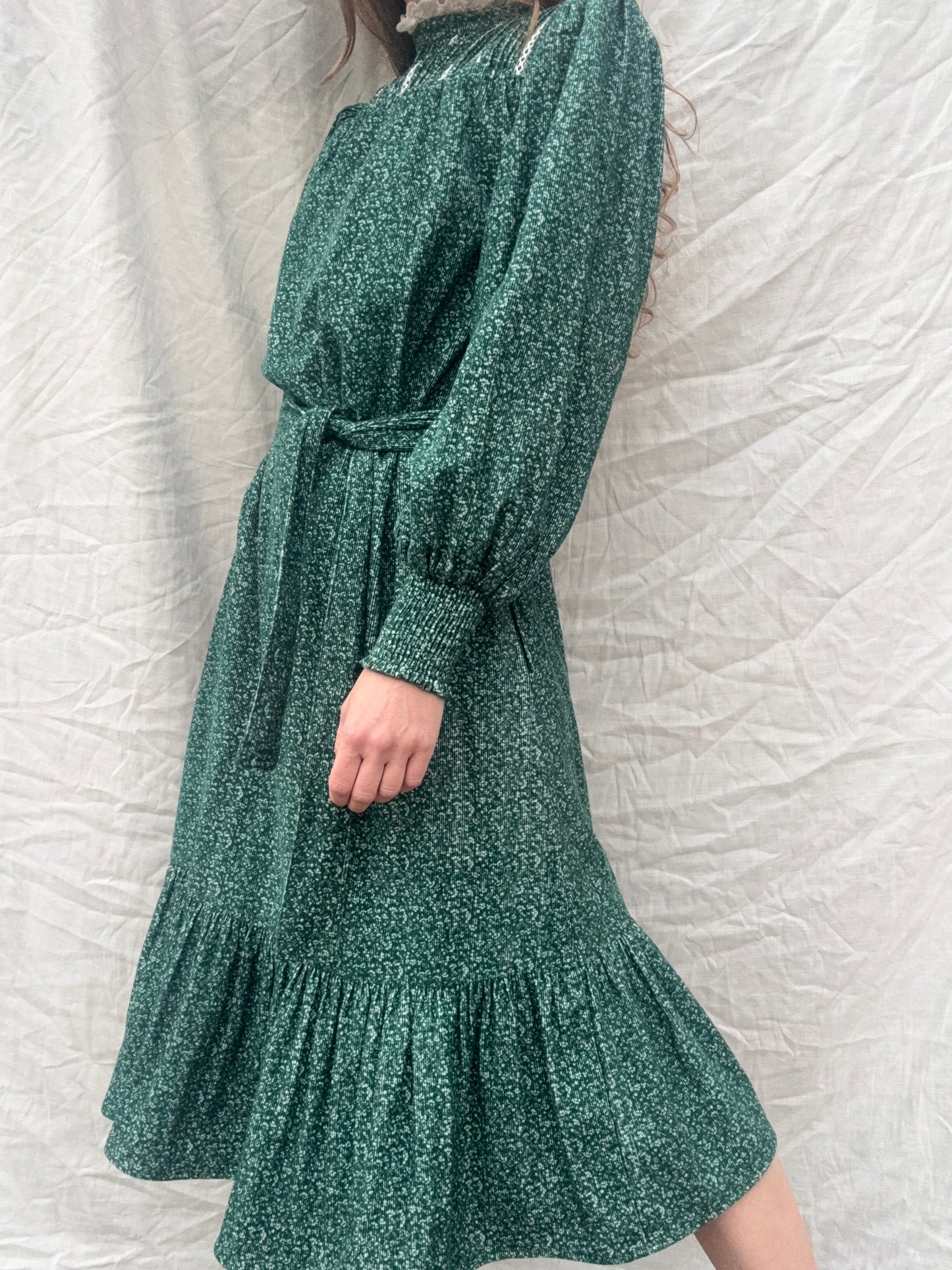100% RECYCLED COTTON CORDUROY - CLOTHILDE DRESS FOREST GREEN MIDI