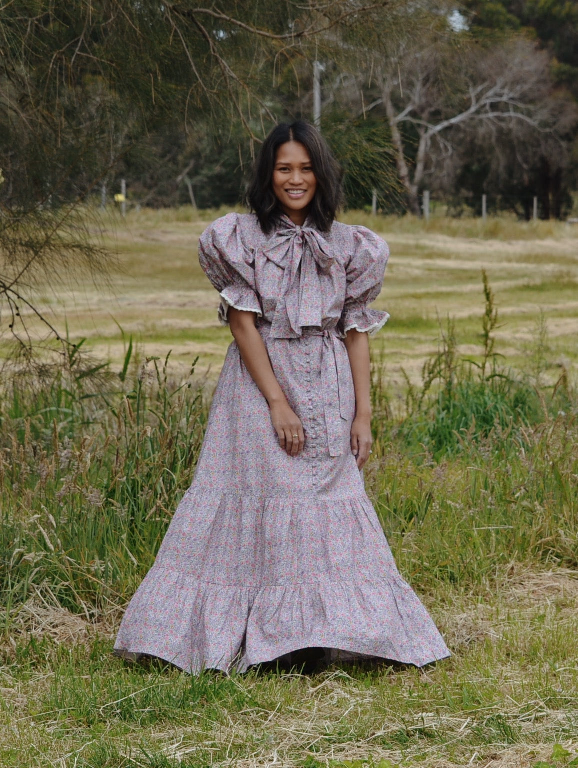 100% RECYCLED COTTON - FLEUR MAXI DRESS PUSSY BOW LILAC FLORAL