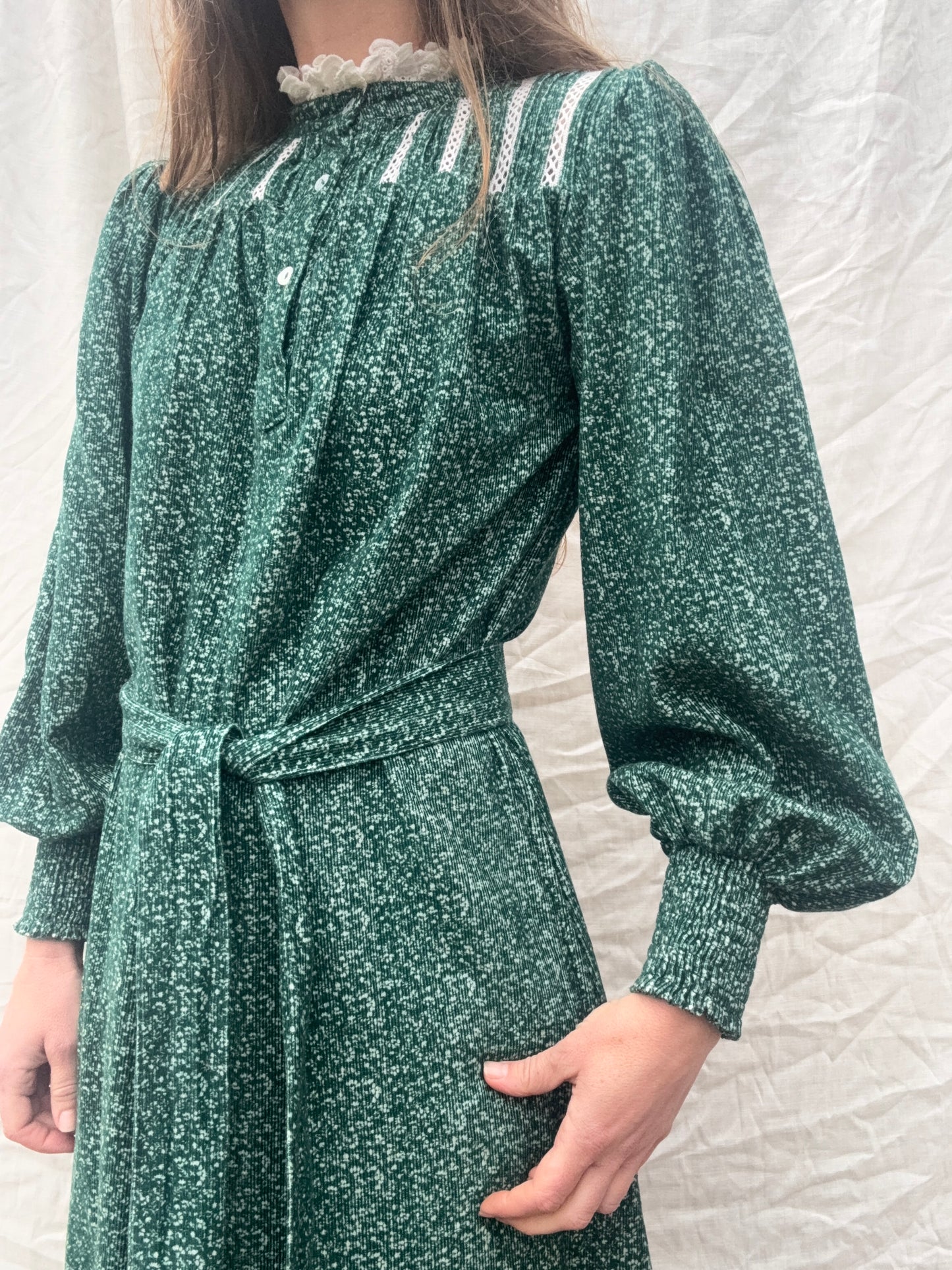 100% RECYCLED COTTON CORDUROY - CLOTHILDE DRESS FOREST GREEN MIDI