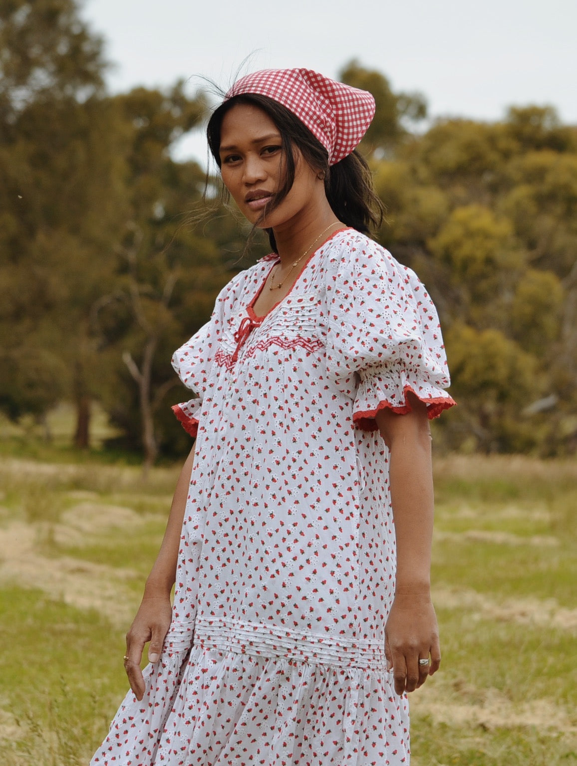 100% RECYCLED COTTON - MORNING SONG HAND SMOCKED TIERED DRESS - STRAWBERRY EMBROIDERED COTTON