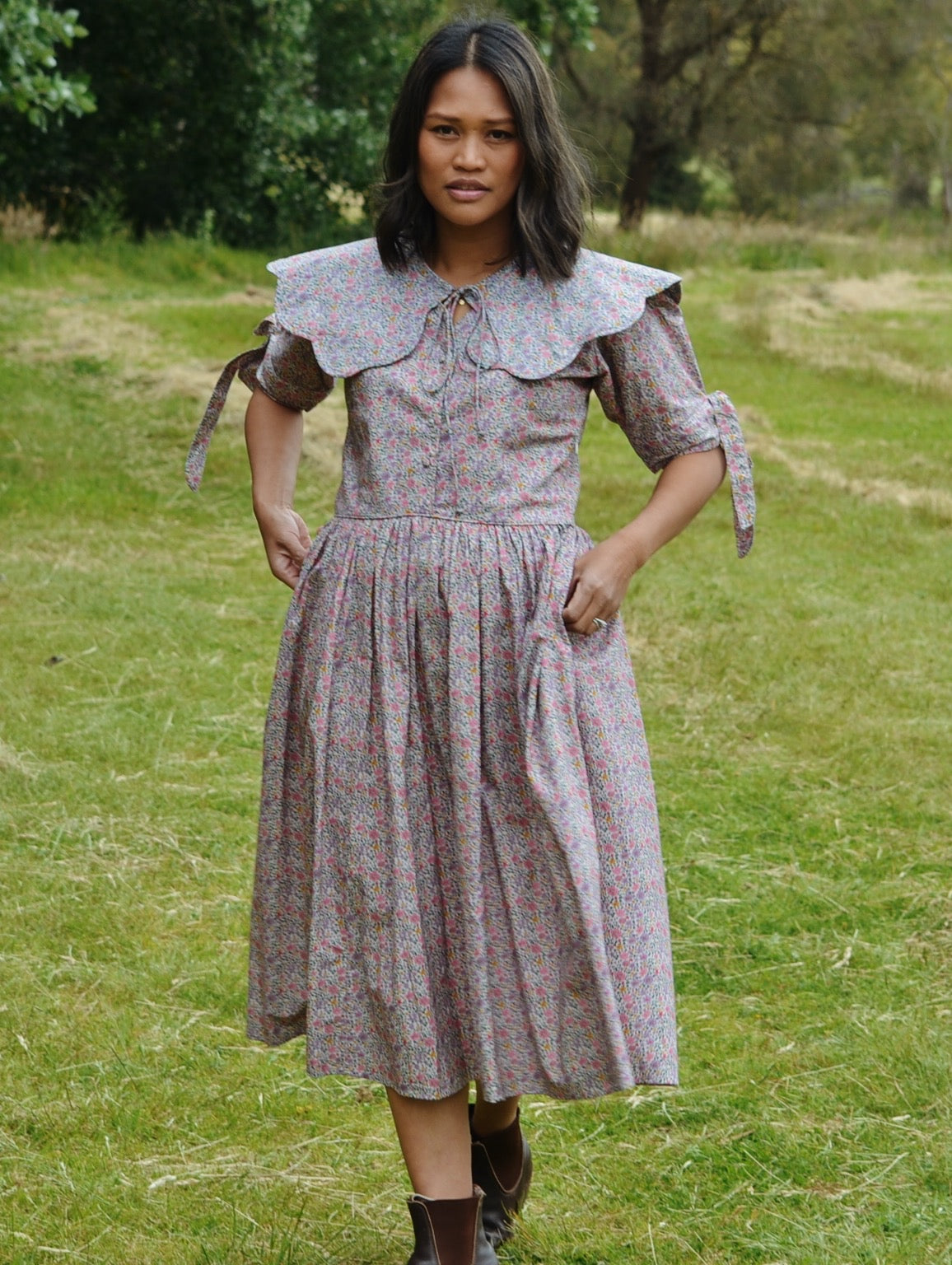 100% RECYCLED COTTON - - SOPHIE DRESS LILAC FLORAL