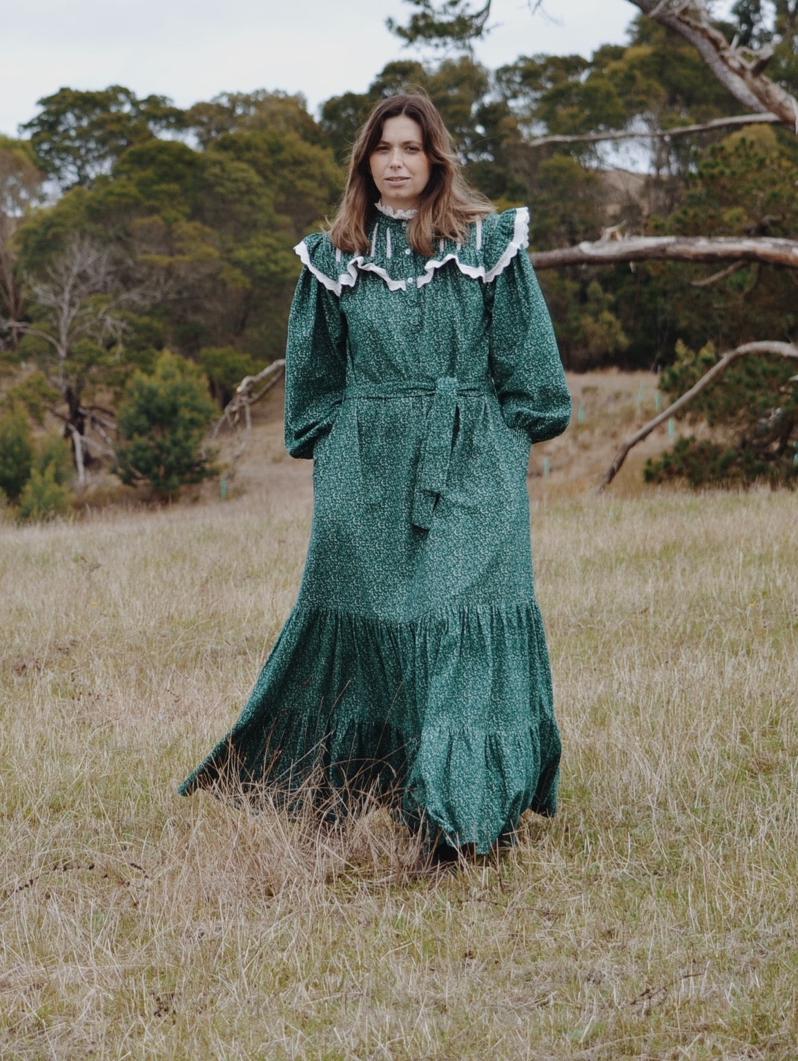 100% RECYCLED COTTON CORDUROY - CLOTHILDE DRESS FOREST GREEN FLORAL