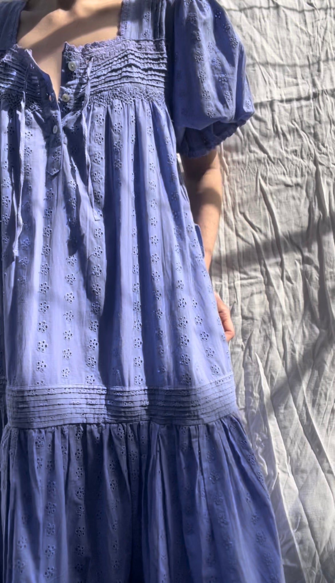 PRELOVED - 100% RECYCLED COTTON - MORNING SONG HAND SMOCKED TIERED DRESS - VERI PERI LARGE