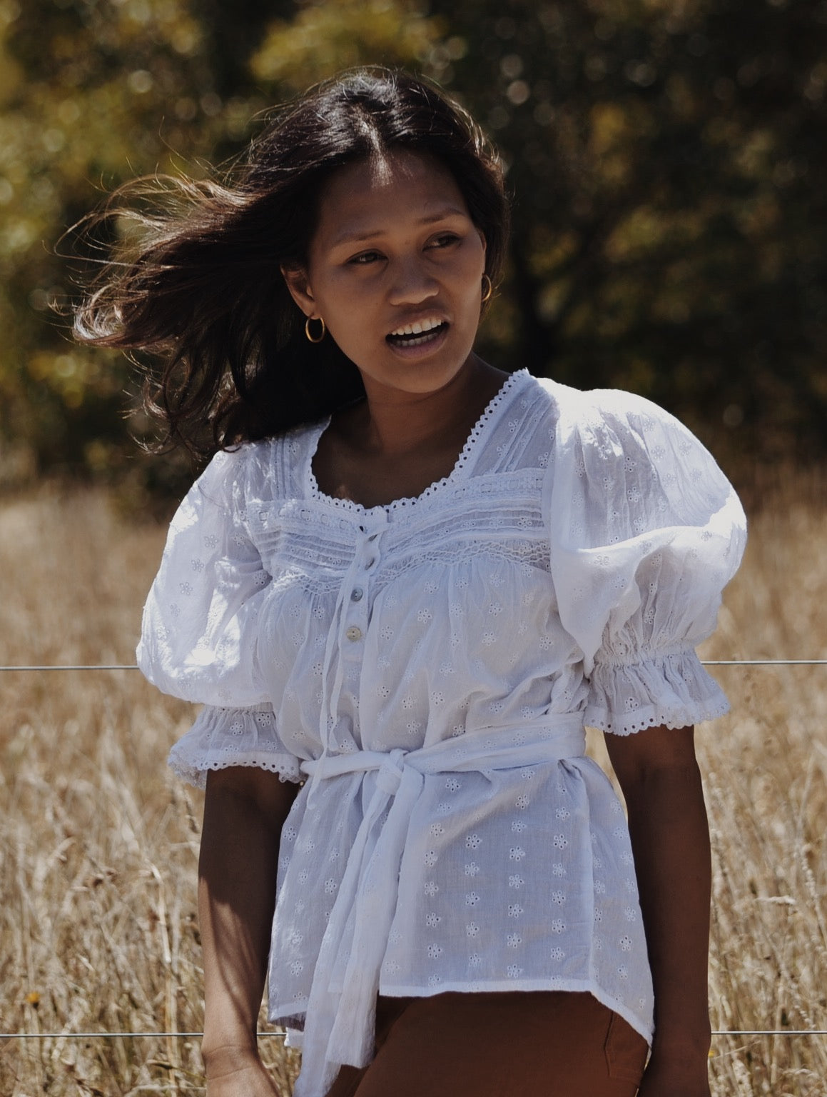 100% RECYCLED COTTON - MORNING SONG HAND SMOCKED BLOUSE WHITE