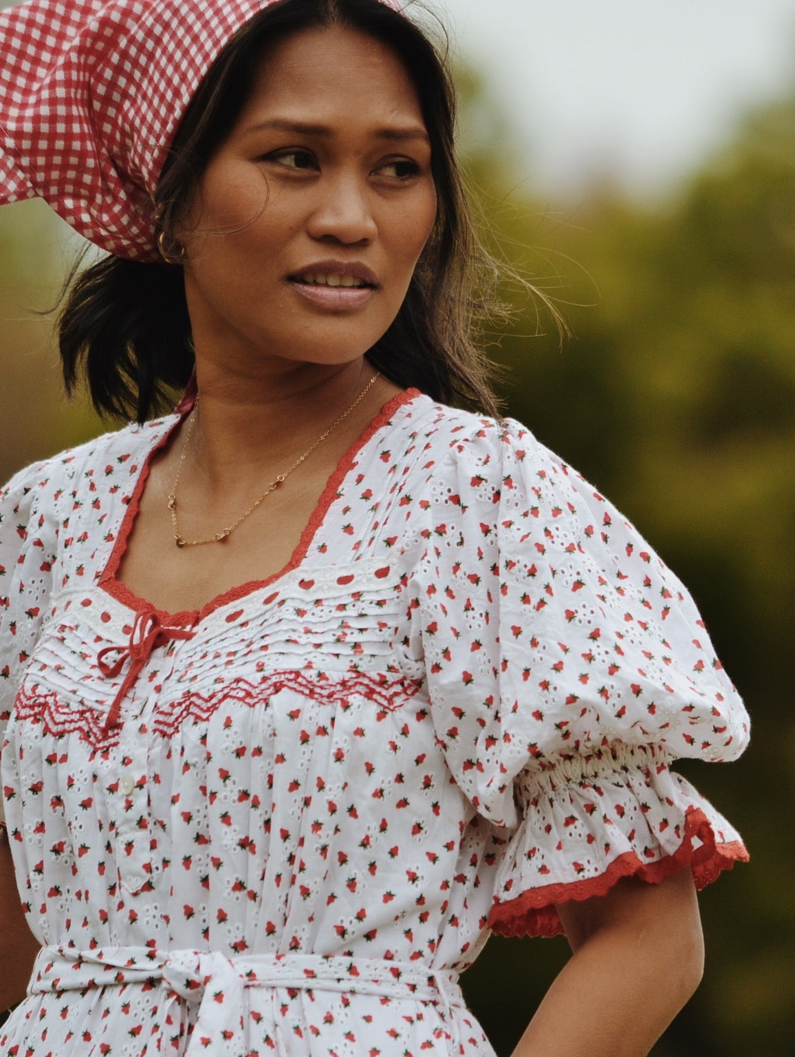 100% RECYCLED COTTON - MORNING SONG HAND SMOCKED TIERED DRESS - STRAWBERRY EMBROIDERED COTTON