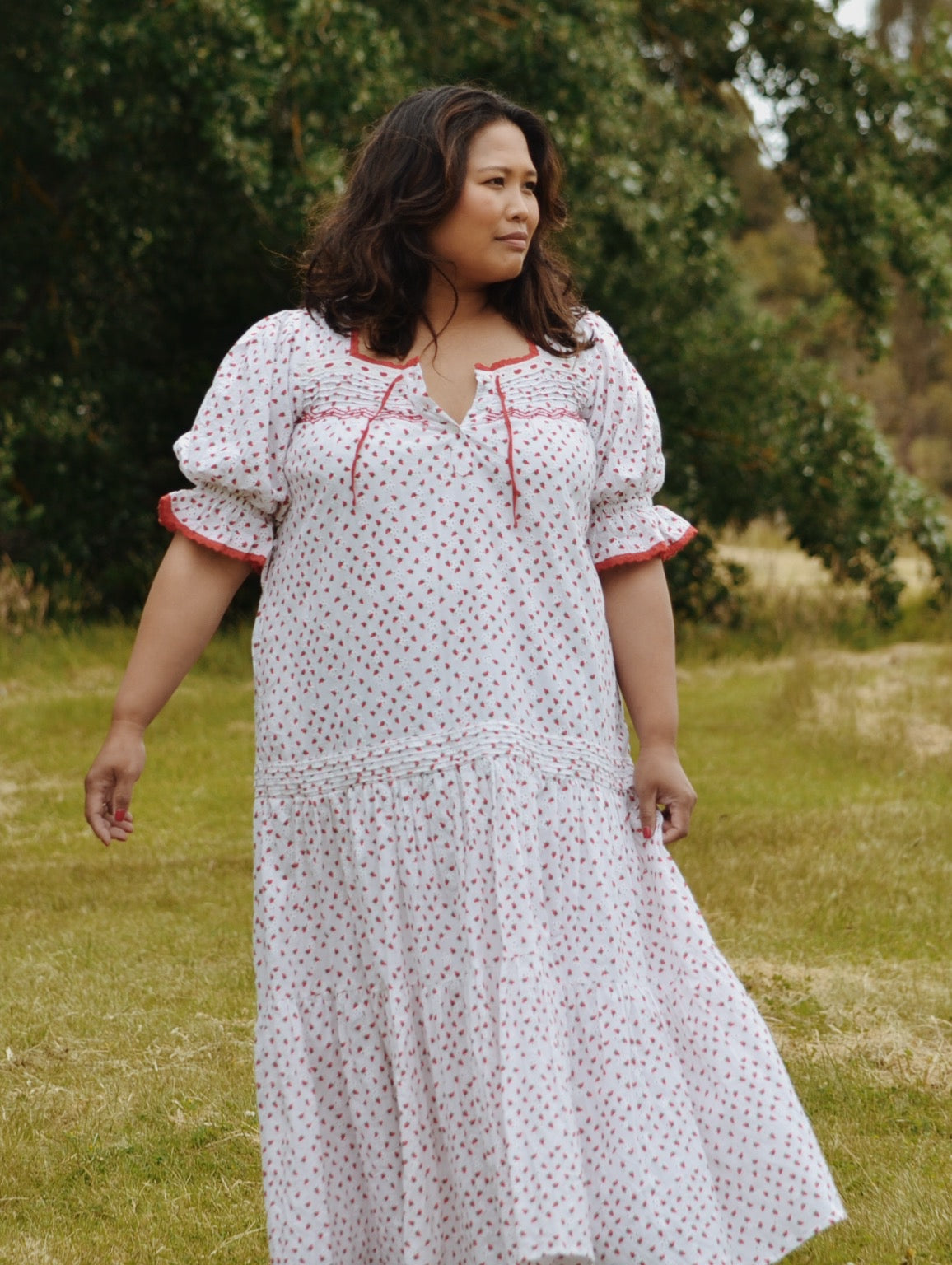 READY TO SHIP - 100% RECYCLED COTTON - MORNING SONG HAND SMOCKED TIERED DRESS - STRAWBERRY EMBROIDERED COTTON