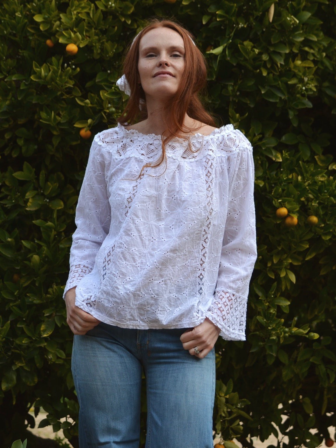 REWORKED - ONE OF A KIND COTTON SMOCK BLOUSE WHITE LACE CROCHET TRIM SMALL- MEDIUM