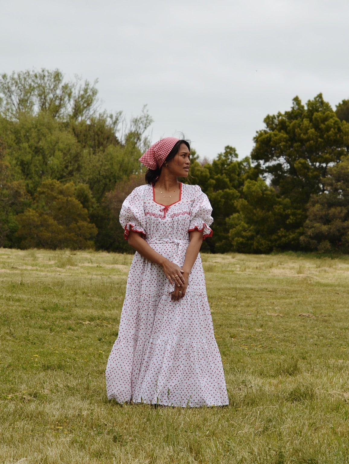 READY TO SHIP - 100% RECYCLED COTTON - MORNING SONG HAND SMOCKED TIERED DRESS - STRAWBERRY EMBROIDERED COTTON
