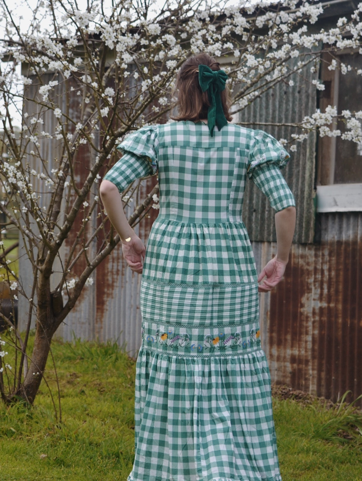 100% RECYCLED COTTON - AUGUSTINE MAXI DRESS GREEN GINGHAM GARDEN