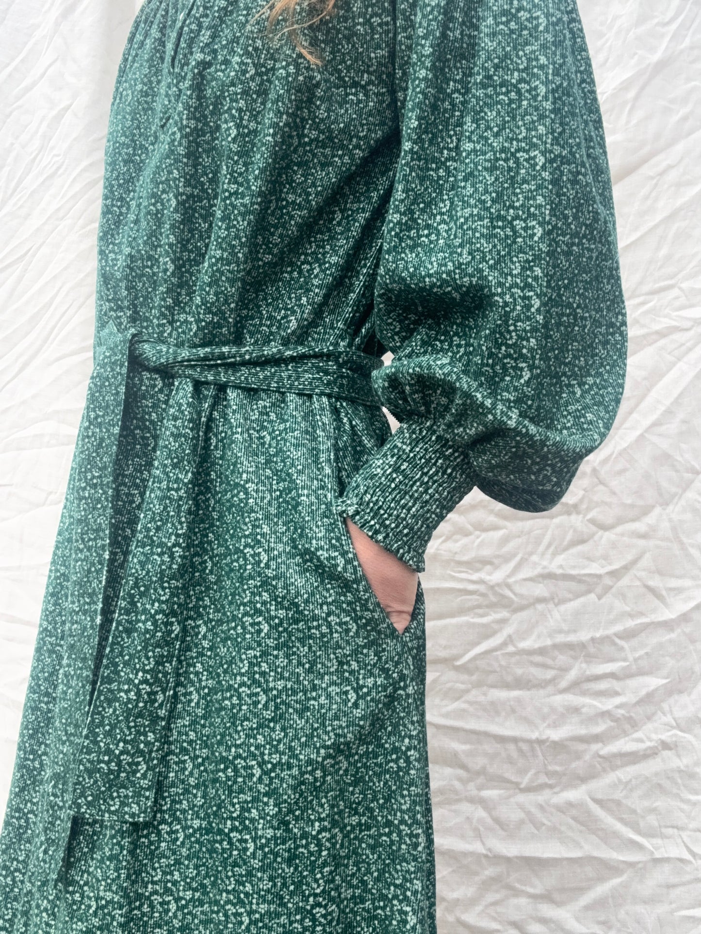 100% RECYCLED COTTON CORDUROY - CLOTHILDE DRESS FOREST GREEN MIDI