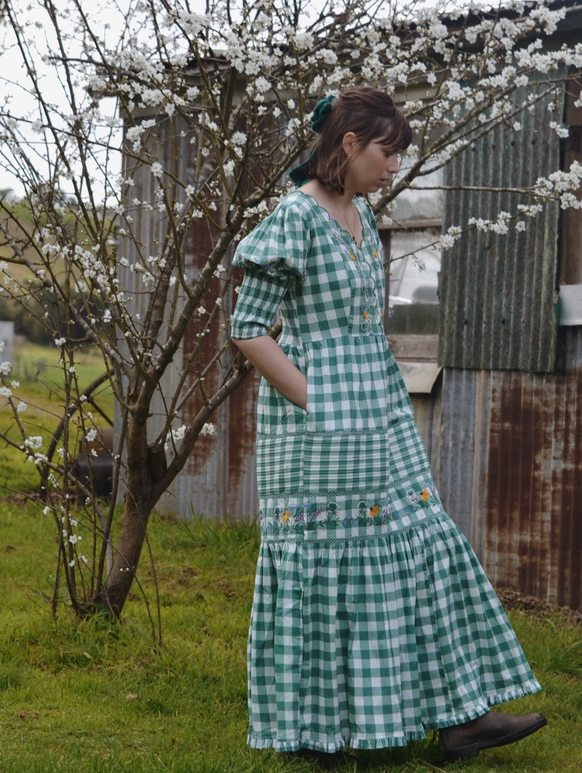 100% RECYCLED COTTON - AUGUSTINE MAXI DRESS GREEN GINGHAM GARDEN