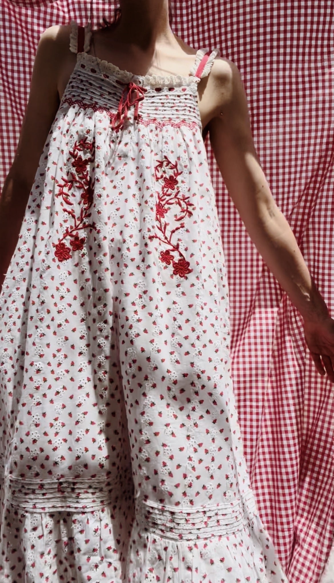 100% RECYCLED COTTON - NIGHTINGALE HAND SMOCKED DRESS STRAWBERRY EMBROIDERED COTTON