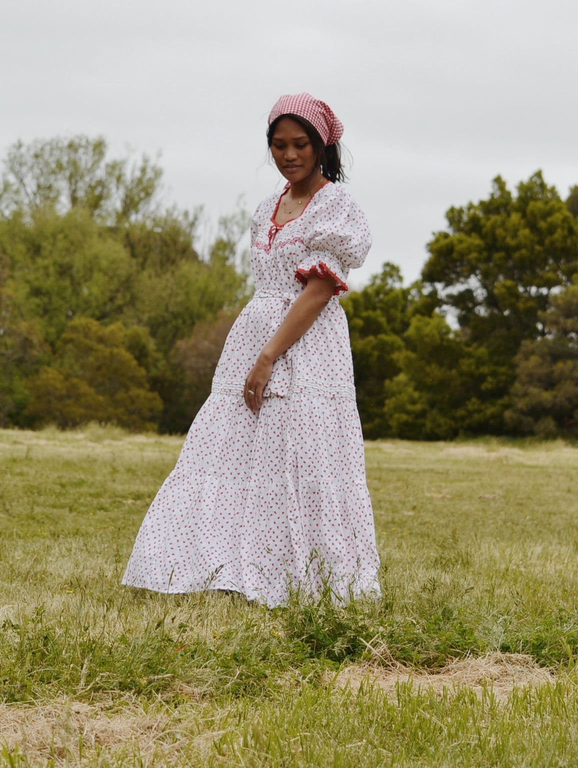 READY TO SHIP - 100% RECYCLED COTTON - MORNING SONG HAND SMOCKED TIERED DRESS - STRAWBERRY EMBROIDERED COTTON