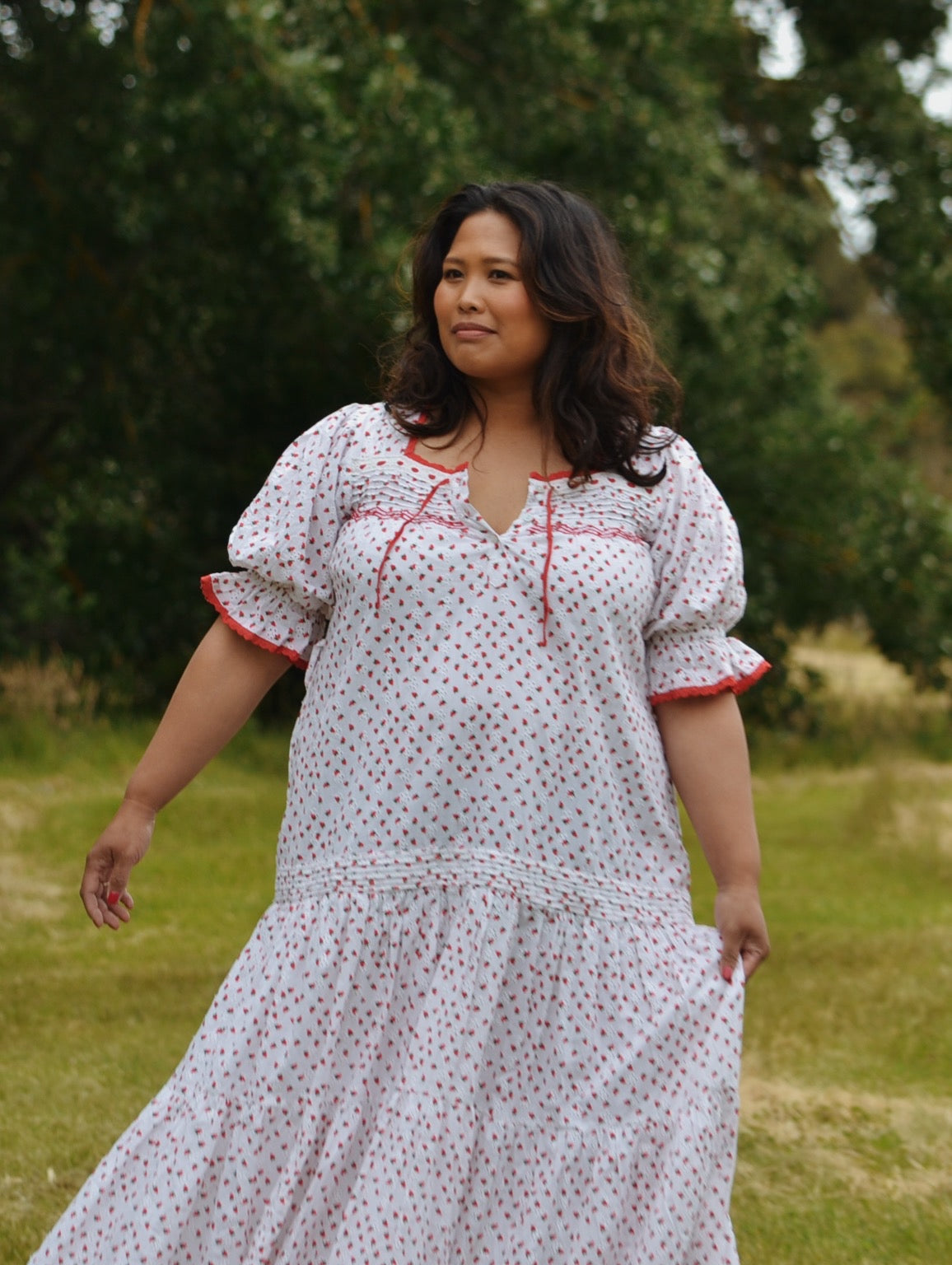 READY TO SHIP - 100% RECYCLED COTTON - MORNING SONG HAND SMOCKED TIERED DRESS - STRAWBERRY EMBROIDERED COTTON