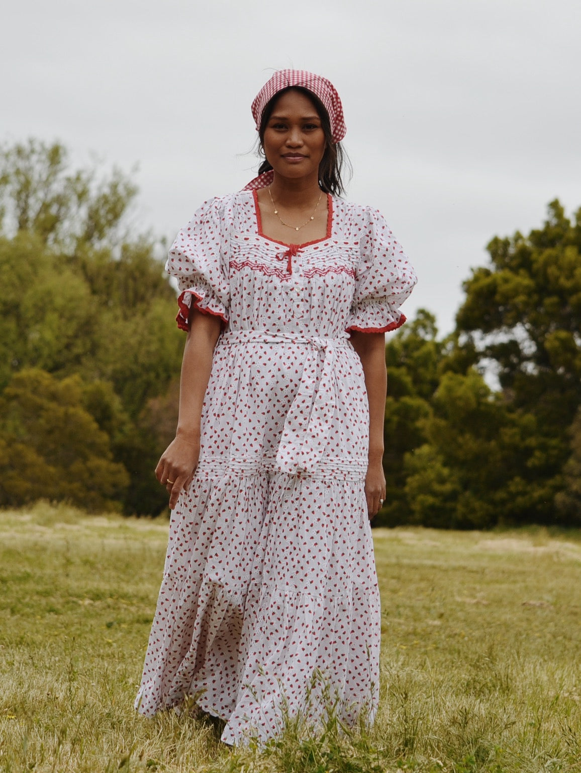 100% RECYCLED COTTON - MORNING SONG HAND SMOCKED TIERED DRESS - STRAWBERRY EMBROIDERED COTTON