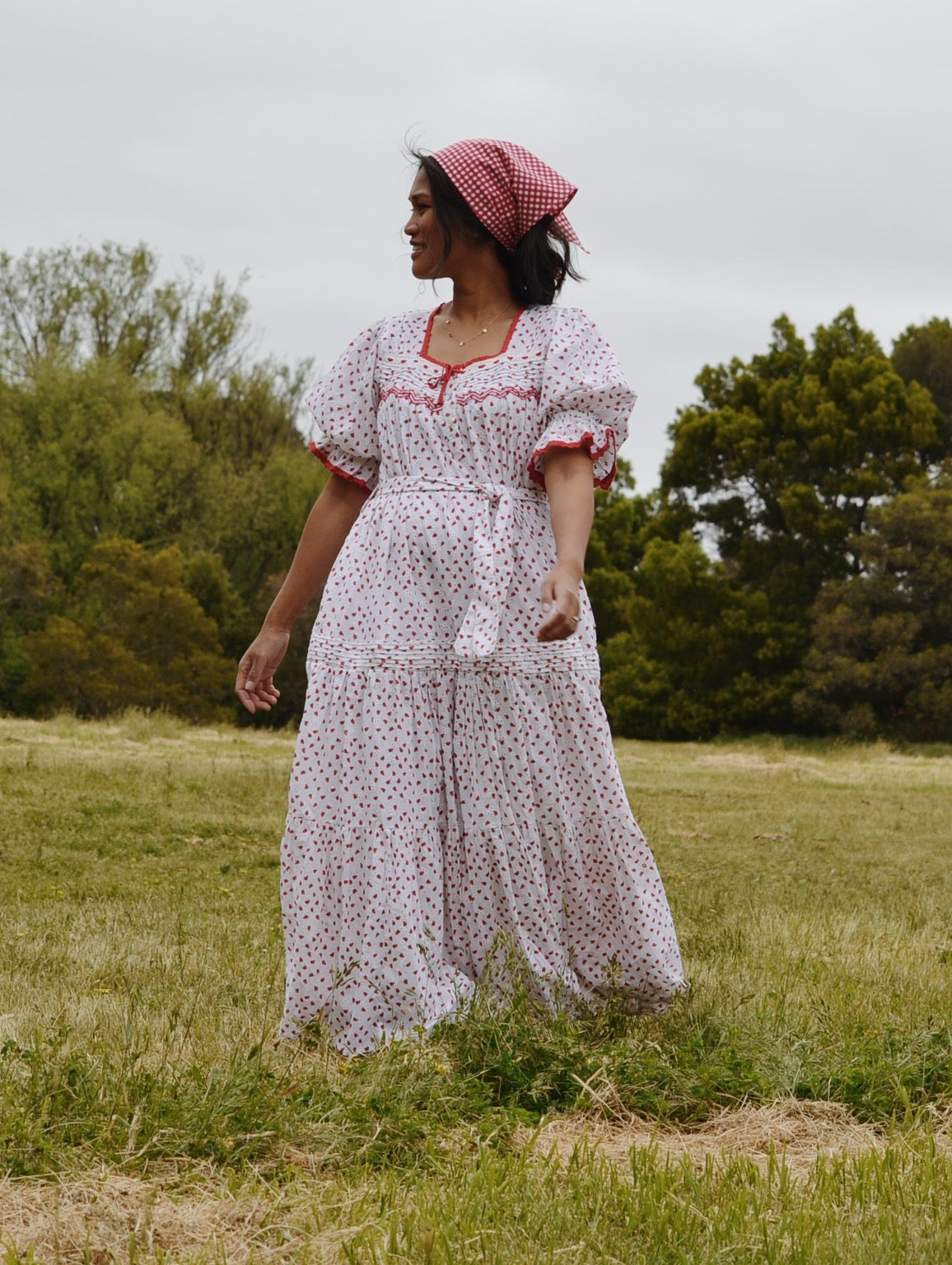 READY TO SHIP - 100% RECYCLED COTTON - MORNING SONG HAND SMOCKED TIERED DRESS - STRAWBERRY EMBROIDERED COTTON