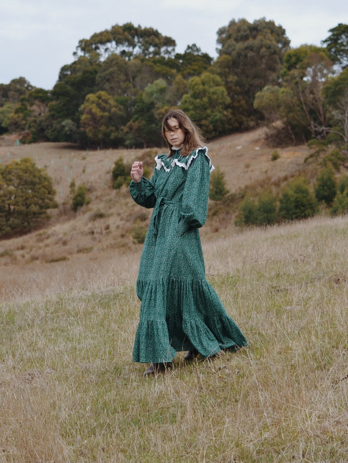 100% RECYCLED COTTON CORDUROY - CLOTHILDE DRESS FOREST GREEN FLORAL