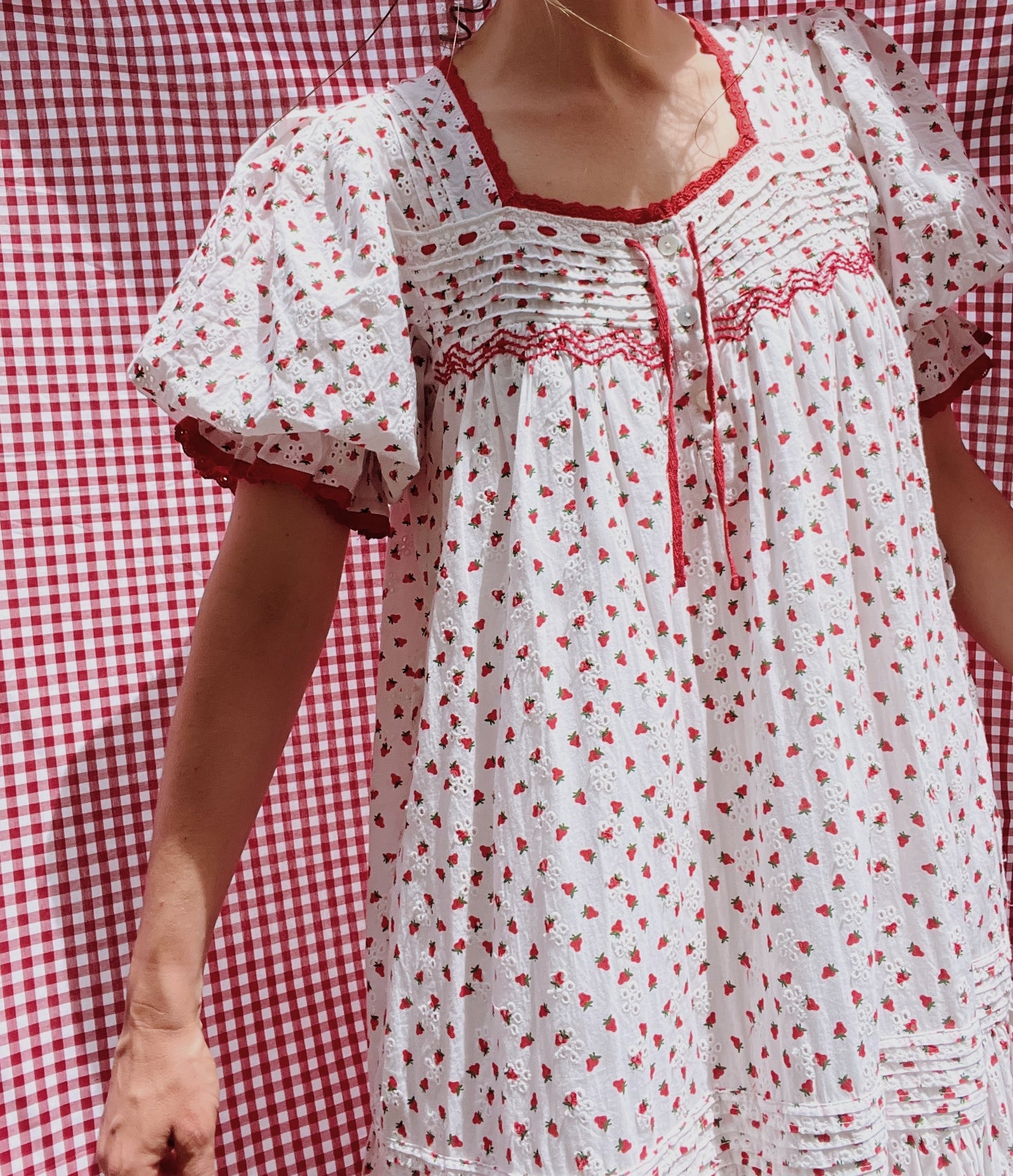 100% RECYCLED COTTON - MORNING SONG HAND SMOCKED TIERED DRESS - STRAWBERRY EMBROIDERED COTTON