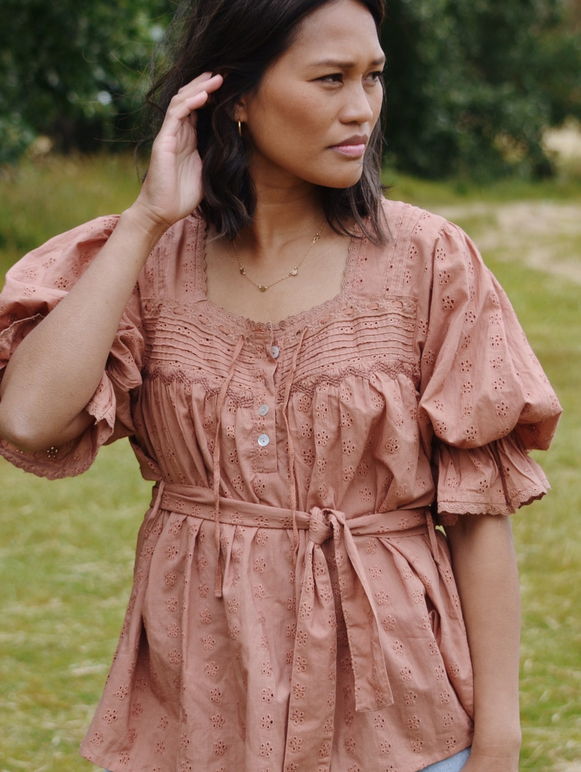 100% RECYCLED COTTON - MORNING SONG HAND SMOCKED BLOUSE ANTIQUE BROWN