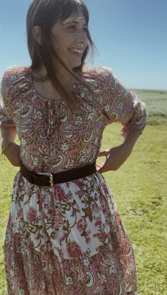 REWORKED - ONE OF A KIND PRU DRESS HAND BLOCK PINK FLORAL - SMALL - MEDIUM