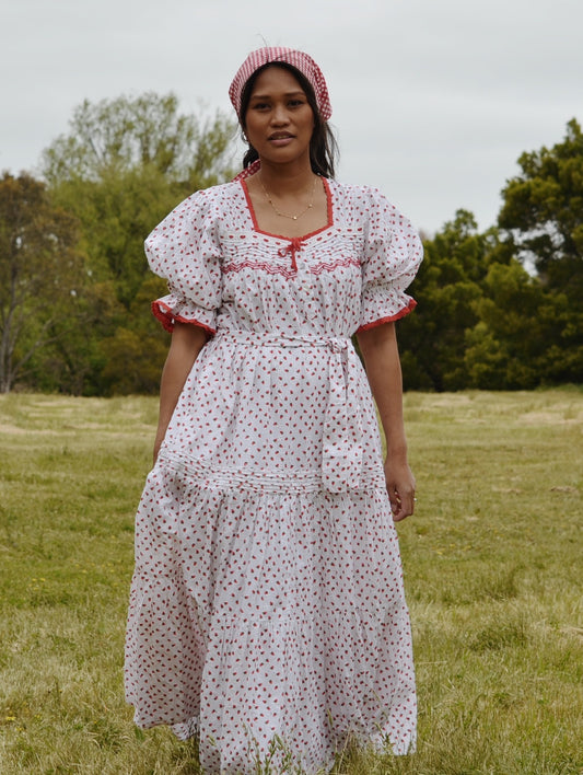 PREORDER - 100% RECYCLED COTTON - MORNING SONG HAND SMOCKED TIERED DRESS - STRAWBERRY EMBROIDERED COTTON