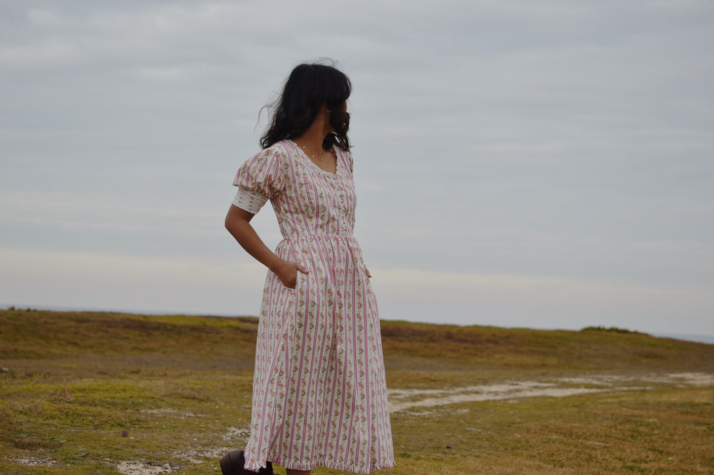 SECOND - 100% RECYCLED COTTON - AURELIA DRESS IN ROSE VINTAGE WALLPAPER