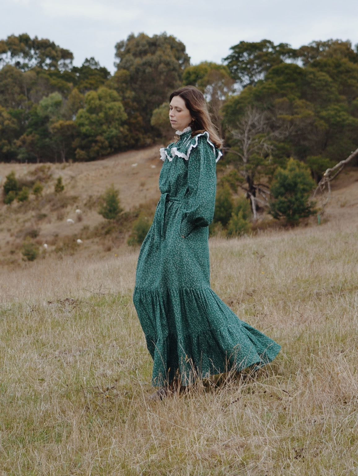 100% RECYCLED COTTON CORDUROY - CLOTHILDE DRESS FOREST GREEN FLORAL