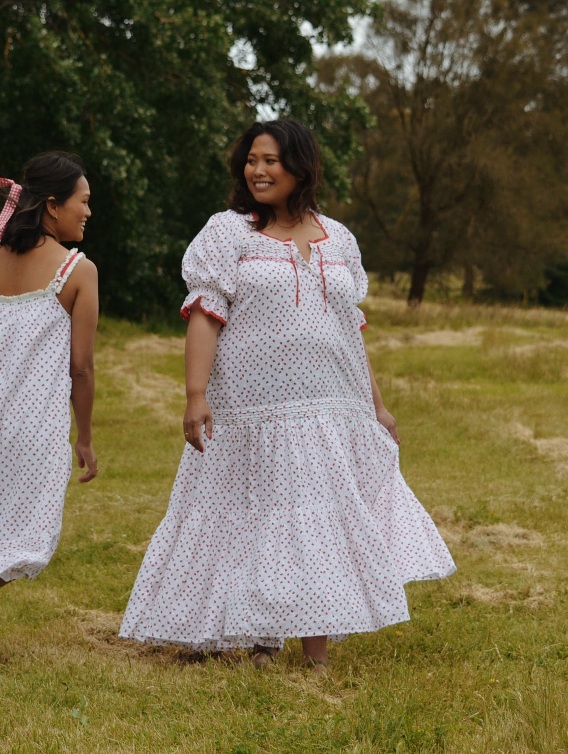 READY TO SHIP - 100% RECYCLED COTTON - MORNING SONG HAND SMOCKED TIERED DRESS - STRAWBERRY EMBROIDERED COTTON