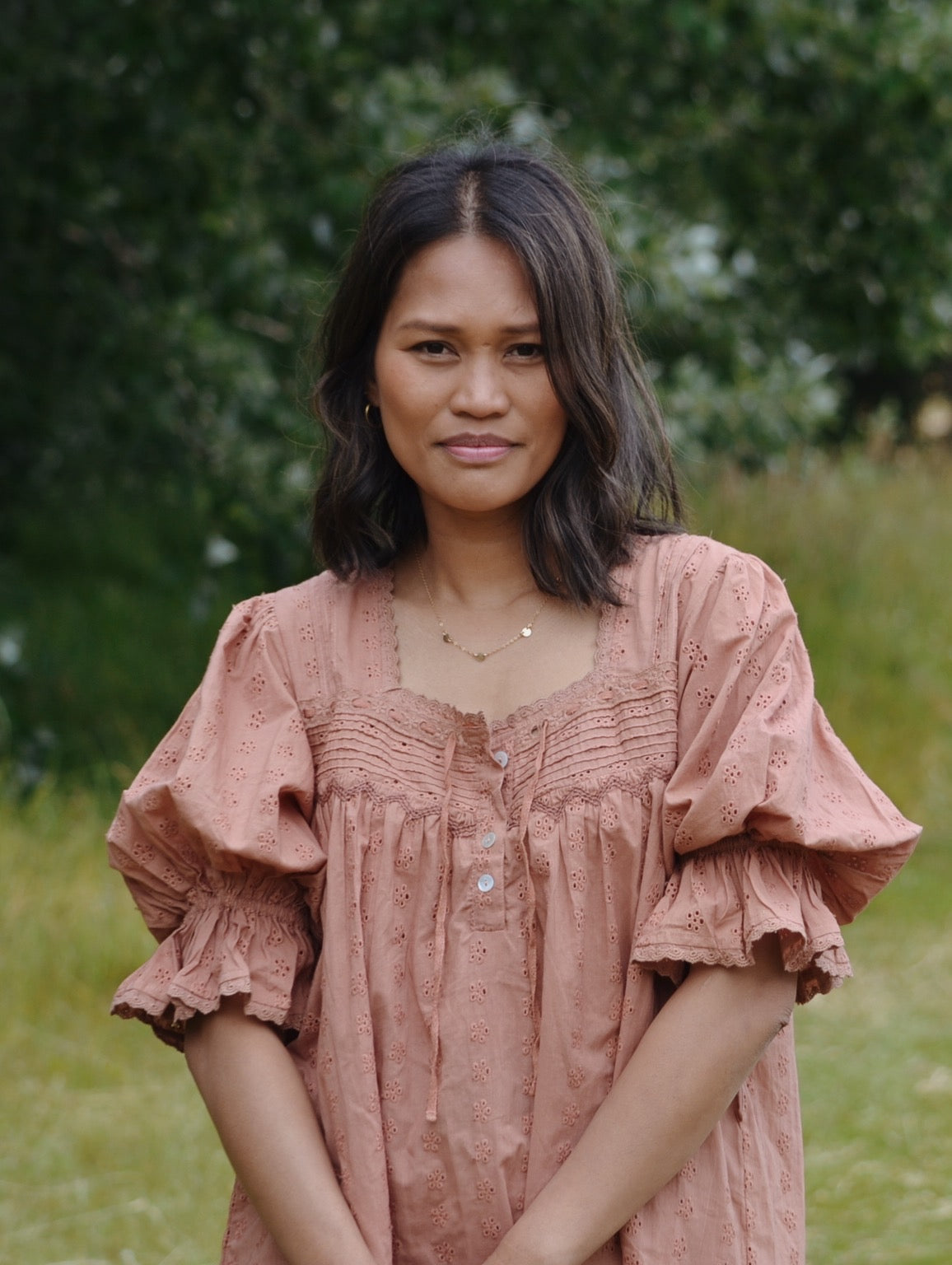 100% RECYCLED COTTON - MORNING SONG HAND SMOCKED BLOUSE ANTIQUE BROWN