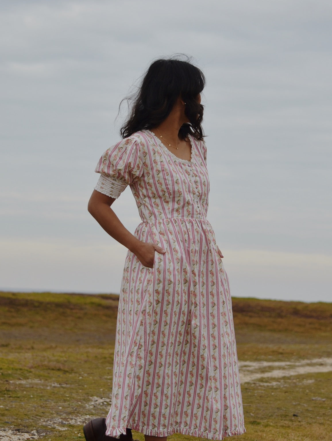 SECOND - 100% RECYCLED COTTON - AURELIA DRESS IN ROSE VINTAGE WALLPAPER