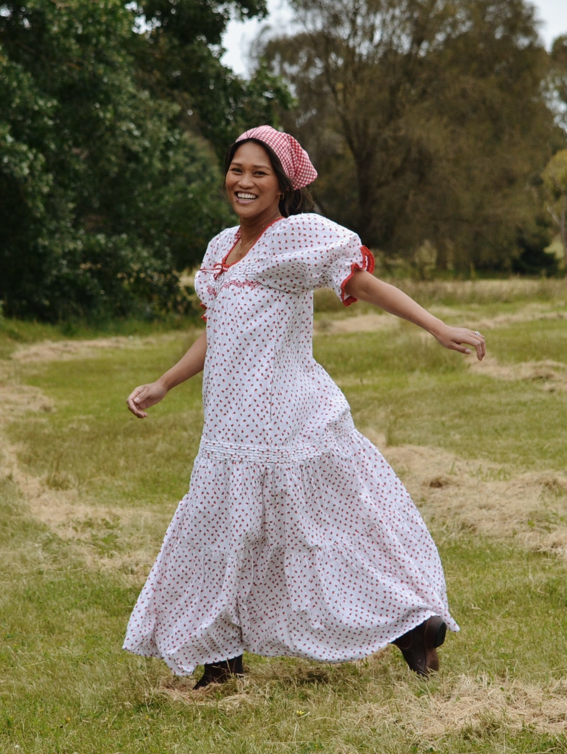 READY TO SHIP - 100% RECYCLED COTTON - MORNING SONG HAND SMOCKED TIERED DRESS - STRAWBERRY EMBROIDERED COTTON