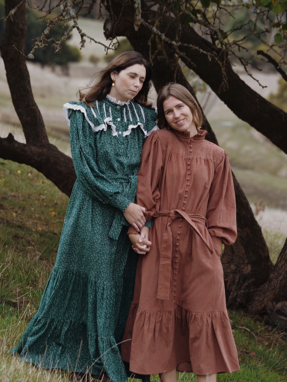 100% RECYCLED COTTON CORDUROY - CLOTHILDE DRESS FOREST GREEN FLORAL