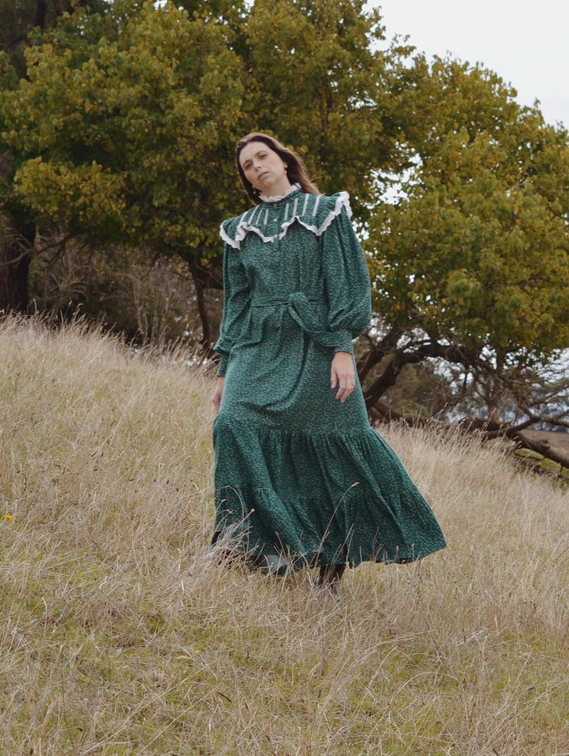 100% RECYCLED COTTON CORDUROY - CLOTHILDE DRESS FOREST GREEN FLORAL