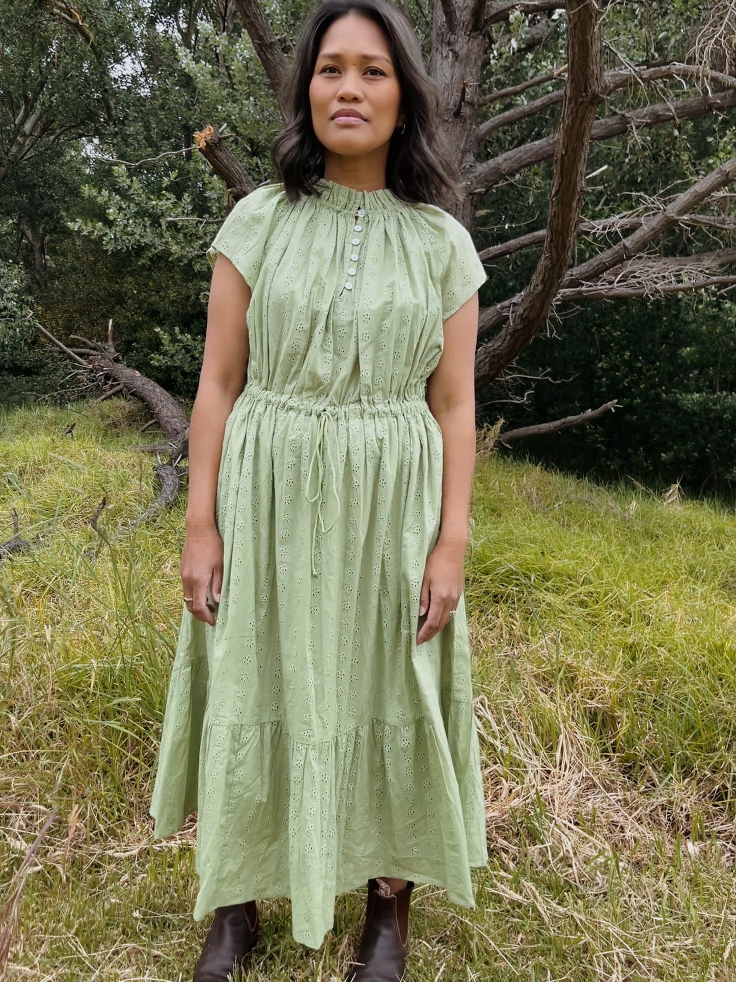 100% RECYCLED COTTON - ISABEL DRESS SAGE COTTON LACE