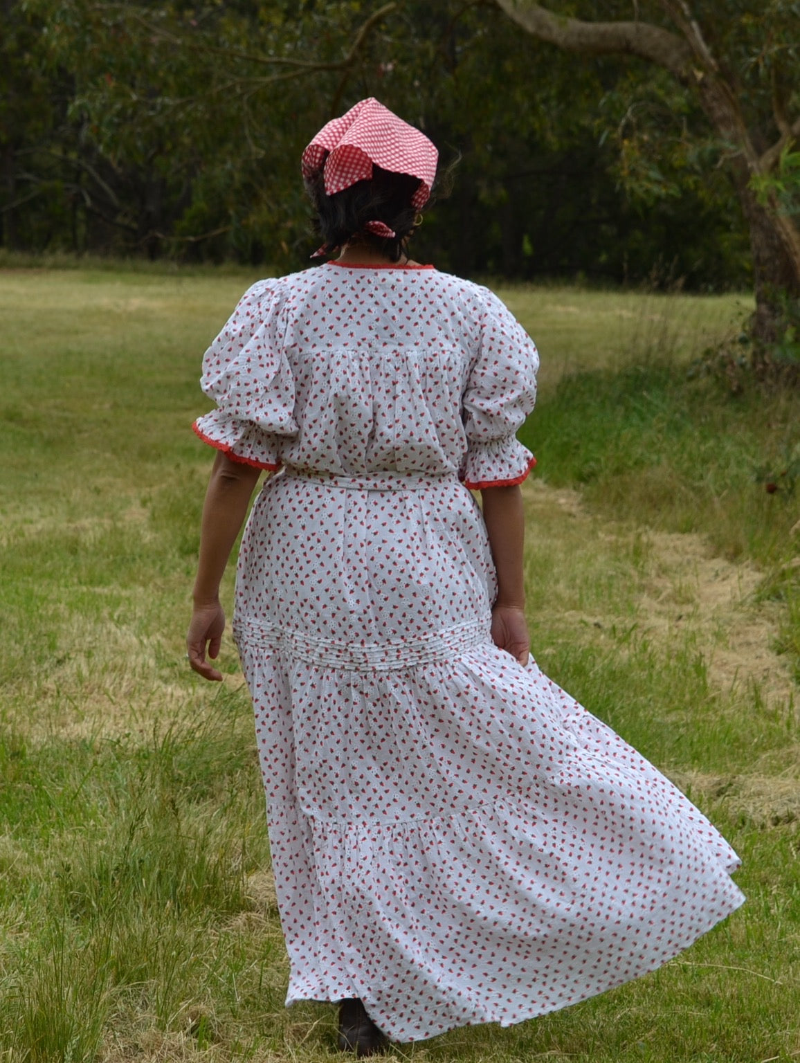 READY TO SHIP - 100% RECYCLED COTTON - MORNING SONG HAND SMOCKED TIERED DRESS - STRAWBERRY EMBROIDERED COTTON