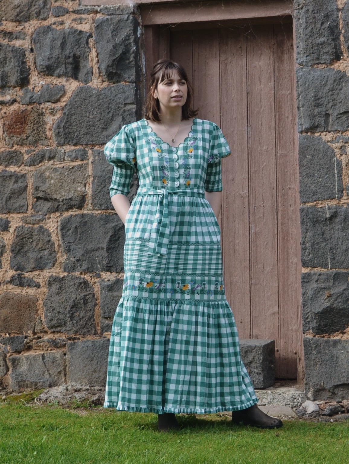 100% RECYCLED COTTON - AUGUSTINE MAXI DRESS GREEN GINGHAM GARDEN