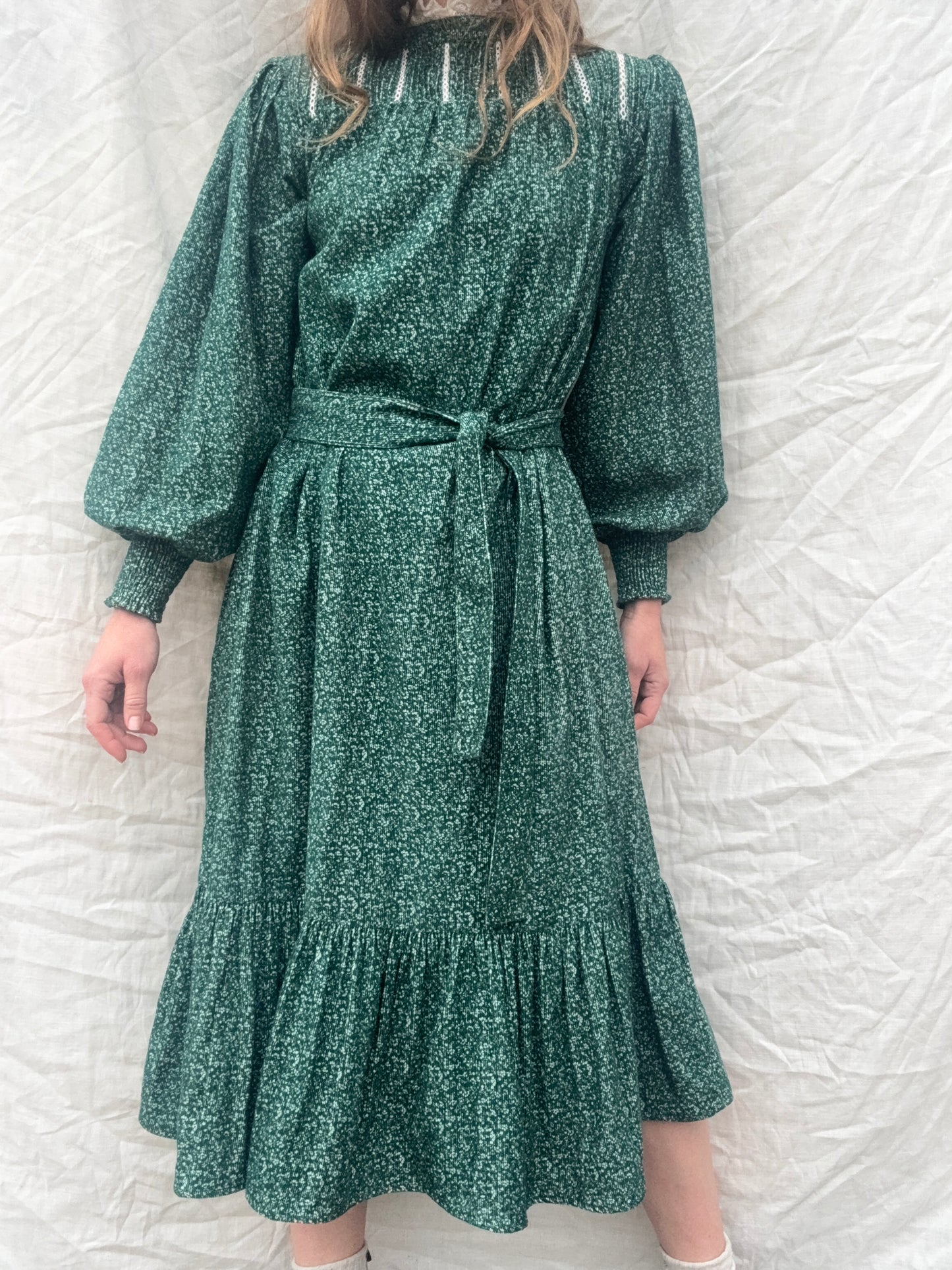 100% RECYCLED COTTON CORDUROY - CLOTHILDE DRESS FOREST GREEN MIDI