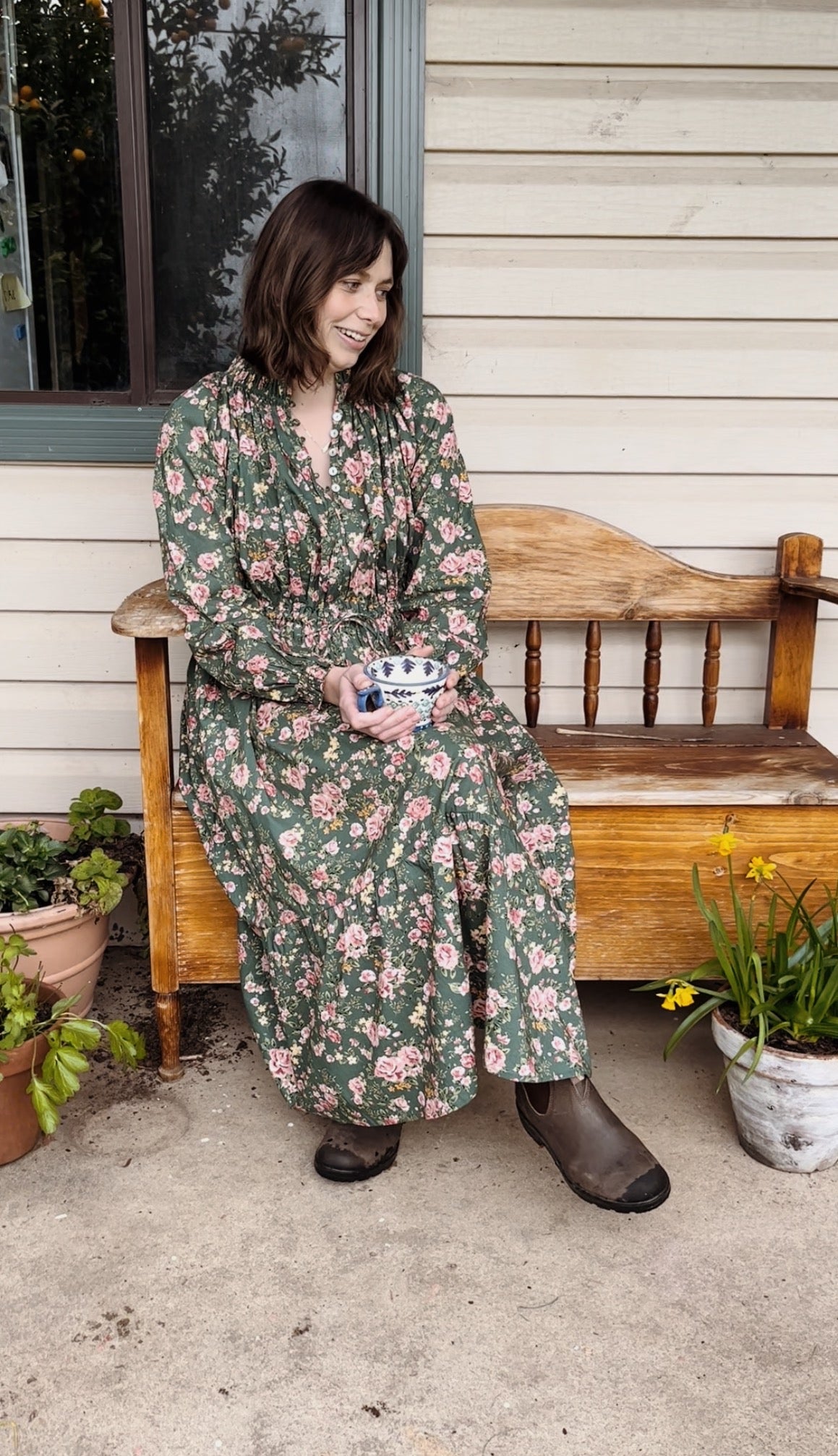 100% RECYCLED COTTON - PRAIRIE DRESS DARK SAGE ROSE