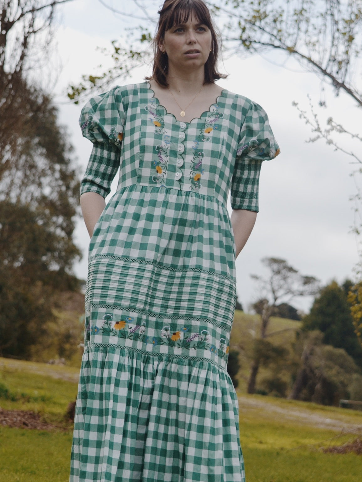 100% RECYCLED COTTON - AUGUSTINE MAXI DRESS GREEN GINGHAM GARDEN