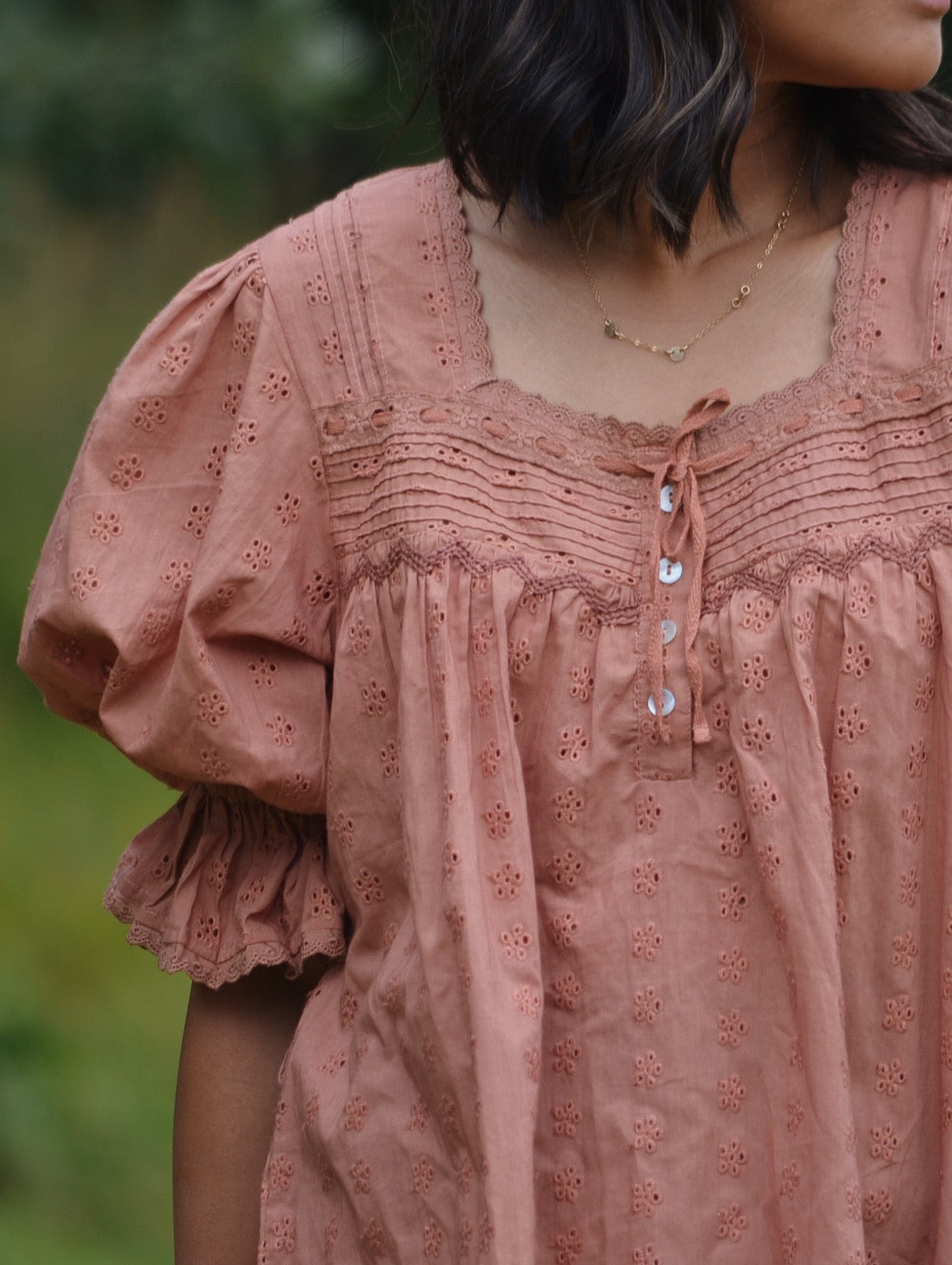 100% RECYCLED COTTON - MORNING SONG HAND SMOCKED BLOUSE ANTIQUE BROWN