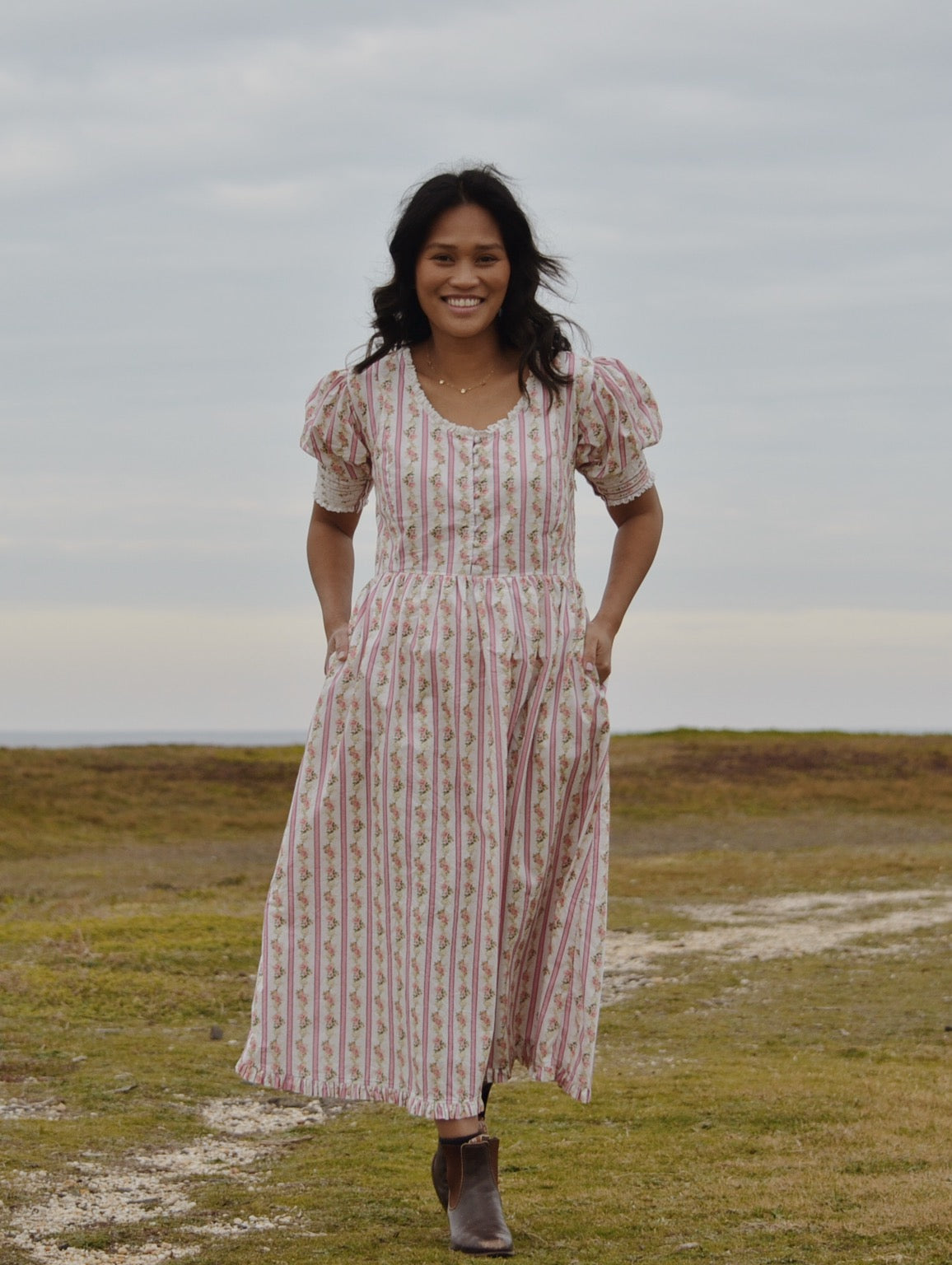 SECOND - 100% RECYCLED COTTON - AURELIA DRESS IN ROSE VINTAGE WALLPAPER