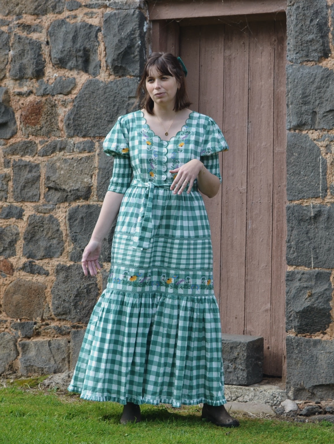 100% RECYCLED COTTON - AUGUSTINE MAXI DRESS GREEN GINGHAM GARDEN