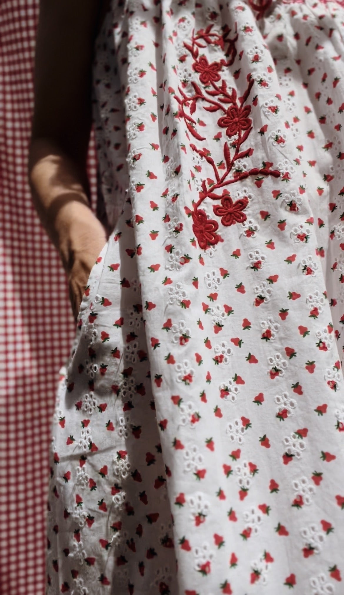 100% RECYCLED COTTON - NIGHTINGALE HAND SMOCKED DRESS STRAWBERRY EMBROIDERED COTTON