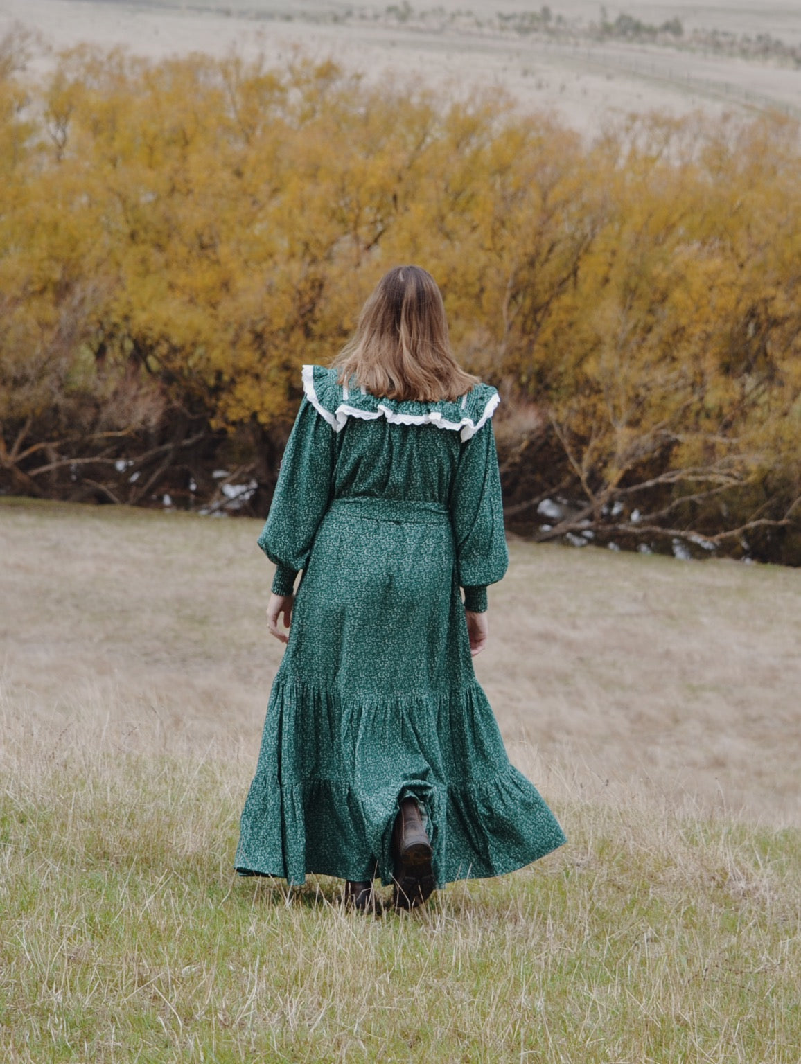 100% RECYCLED COTTON CORDUROY - CLOTHILDE DRESS FOREST GREEN FLORAL