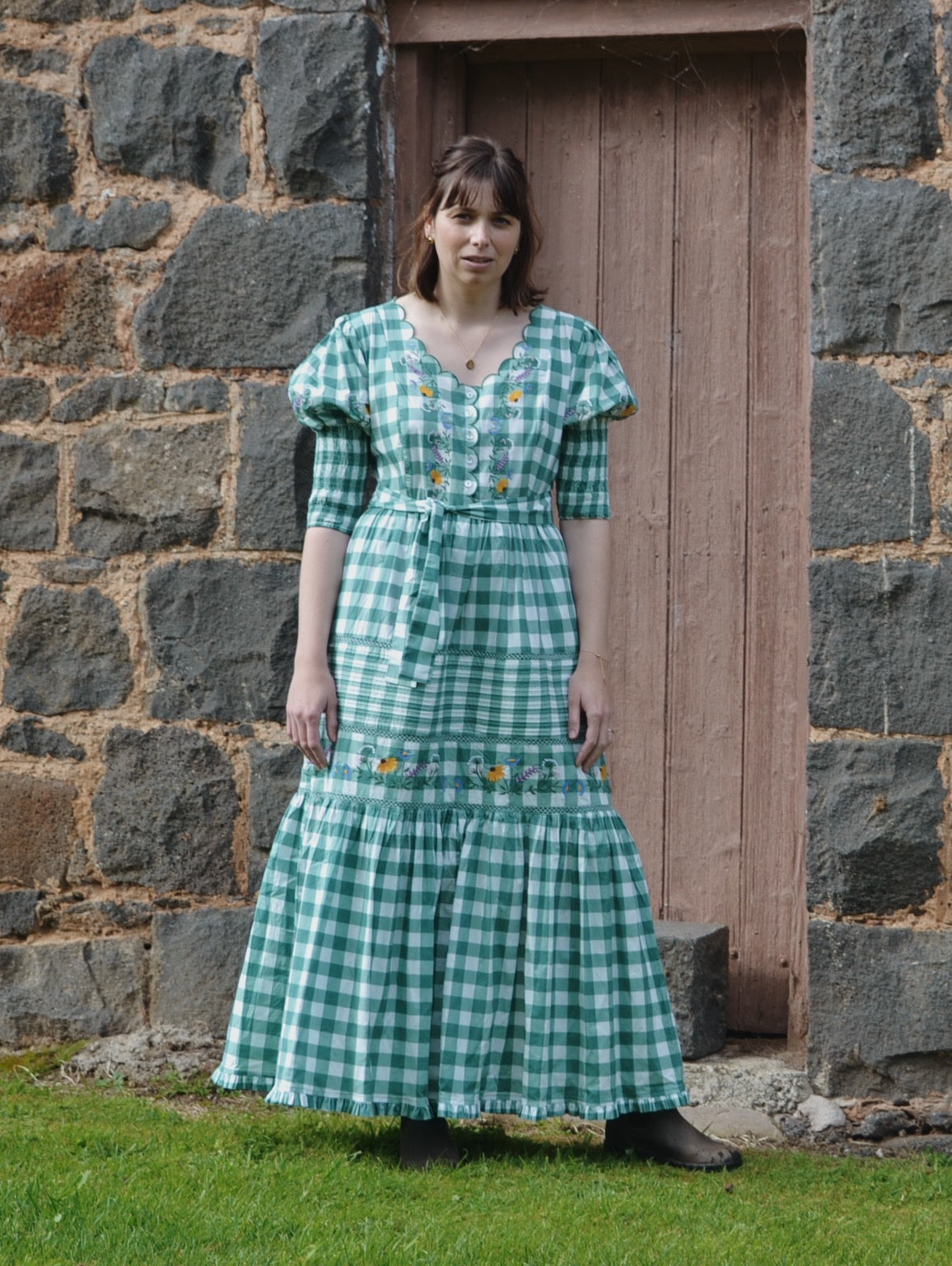 100% RECYCLED COTTON - AUGUSTINE MAXI DRESS GREEN GINGHAM GARDEN